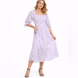 Women’s Smocked Puff Sleeve Cottagecore Lavender Midi Dress Sz Medium